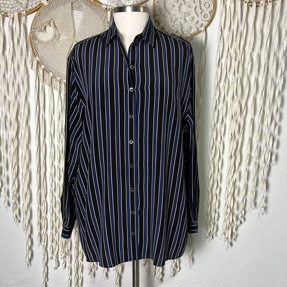 Michael Kors Collection Made in Italy Navy Black Stripe Silk Long Sleeve Blouse - Picture 1 of 9